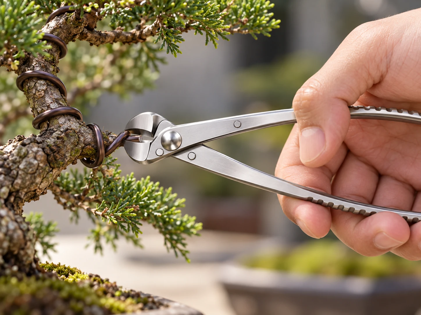Bonsai cutter positioned at a branch during pruning