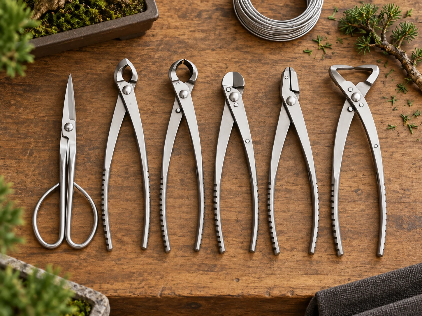 Complete six-piece stainless-steel bonsai tool kit on a clean white background